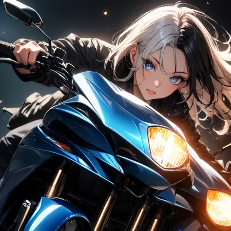 Beautiful attention to detail, Beautiful lip detail, 1 female, Woman on motorcycle, Sparkle in the eyes, Perfect hands(Five fingers), perfect body, Beautiful Hair, Shiny Hair, Beautiful Skin, Detailed face and eyes, Glossy Lips, ((Detailed Motorcycle, Stud...