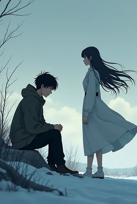 A anime.A guy sitting alone and sad with black hair in the cold weather and a women approaches him with beautiful long hair 