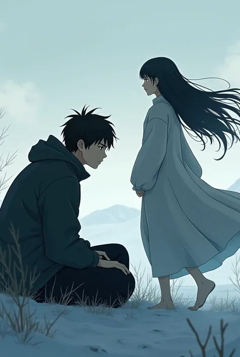 A anime.A guy sitting alone and sad with black hair in the cold weather and a women approaches him with beautiful long hair 