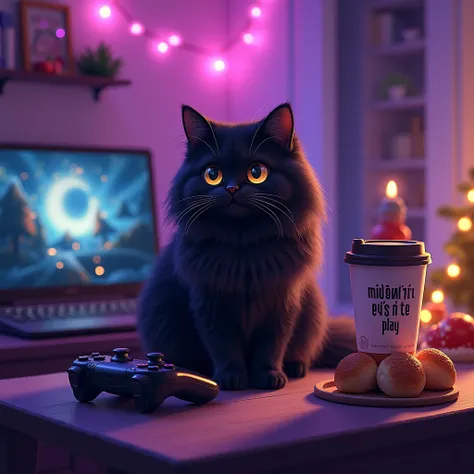 Persian black cat,  laptop with big eyes , fluffy,  sits on the table,  a glass of coffee to go , Gamepad, neon, Night, cinnamon rolls ,  christmas atmosphere , pink, green, фиолетовый neon,  coffee to go written "Majestic Role Play" 