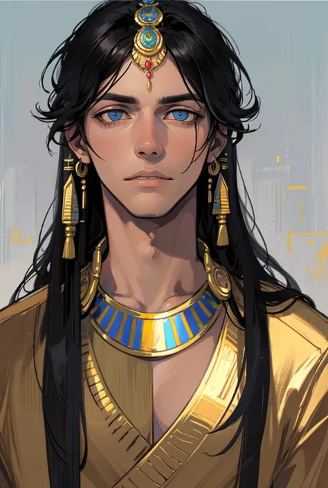  high quality, art, , a handsome Egyptian-style man ,  with black hair and expressive light blue eyes, with sharp facial lines 