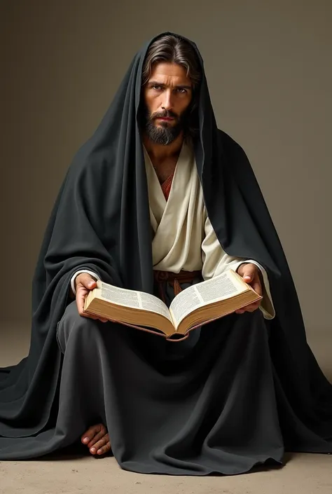 Jesus Christ full body  wear a black shawl and white dressing  and hold big book sitting on floor 