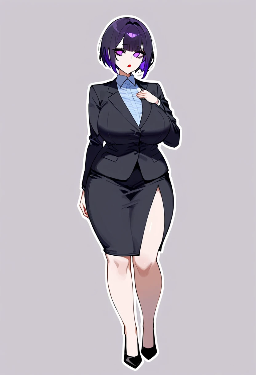 1woman, petite, solo, office lady, black blazer, long black pencil skirt, pencil skirt, long skirt, dark purple hair, short hair, long bob hairstyle, round face, sharp outline, huge breasts, very thick thighs, wide hips, very thick legs, big calves, thick ...