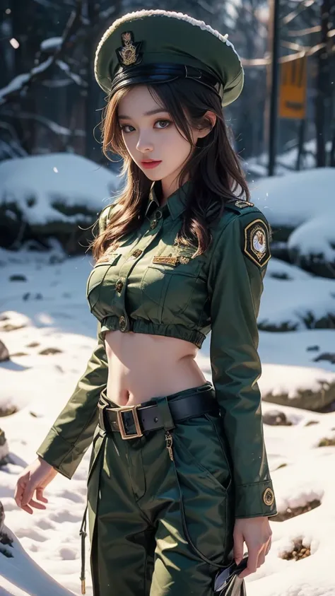 8k, ultra hd, masterpiece, 1 girl, (innocent face:1.2), very long hair, detailed eyes, (military outfit:1.4), (green outfit:1.4), (belt:1.4), ((navel)), military hat, in the battlefield, (bloom:1.5), winter season, ((snow falling)), ray tracing, perfect bo...