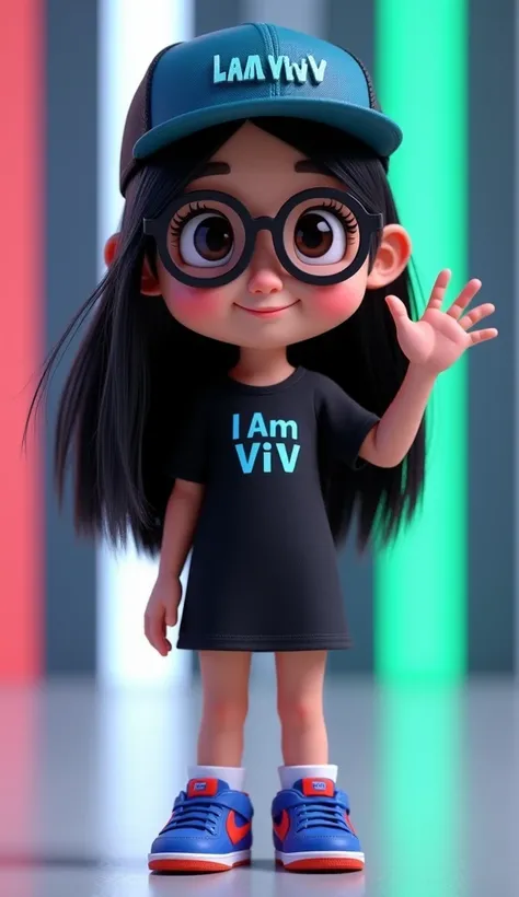 3D cartoon image of a teenager girl with long black hair, with eyeglass, wearing black dress with name  I Am Viv in front of her dress, wearing a blue and black cap with "L An Viv" in blue letters, and blue and red Nike sneakers. She is gently smiling, and...