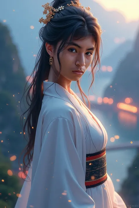  better quality,  masterpiece, highres,, 1 girl,  detailed face , ( upper body :1.6), Cyber cities, mountains and rivers, Evening, firefly lights,  realistic , rich in details, (White Hanfu:1.2), ( beautiful body:1.4),