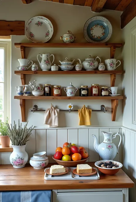 The quaint country kitchen is a treasure trove of vintage charm, with every corner brimming with rustic elegance. Against the wall, a wooden shelf proudly displays a collection of vintage dishes and crockery, each piece a work of art. Delicate porcelain pl...