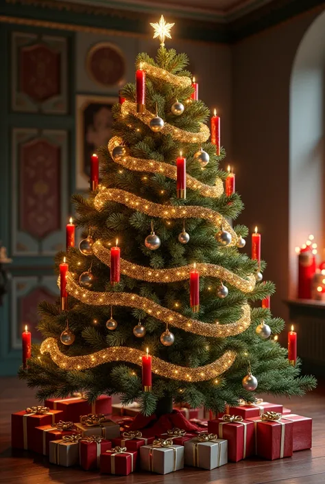 richly decorated Christmas tree. Lametta, red candles ,  silver Christmas tree balls. Geschenke unter dem Baum.
