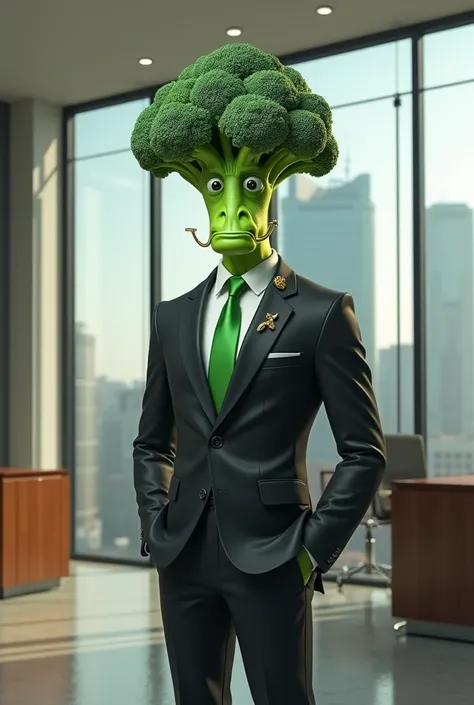 Broccoli as a man wearing a suit, wearing a golden necklace, in an office, broccoli man, 