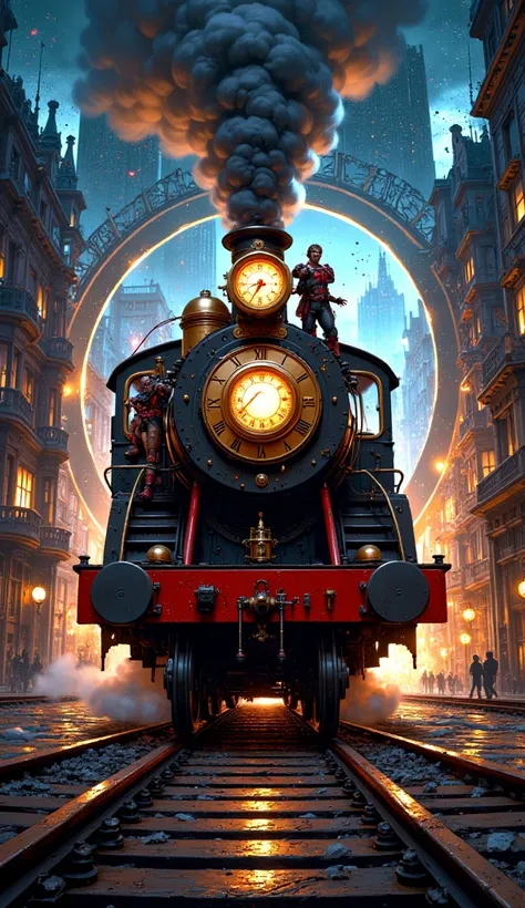 a steam train coming out of a portal. the train has a clock on its front. the portal it comes out from is magical and glows brightly. Also add one hero is dancing on top of the train with other background dancer in moving train.