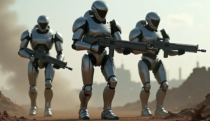 Three robotic soldiers holding guns and keeping watch on the battlefield