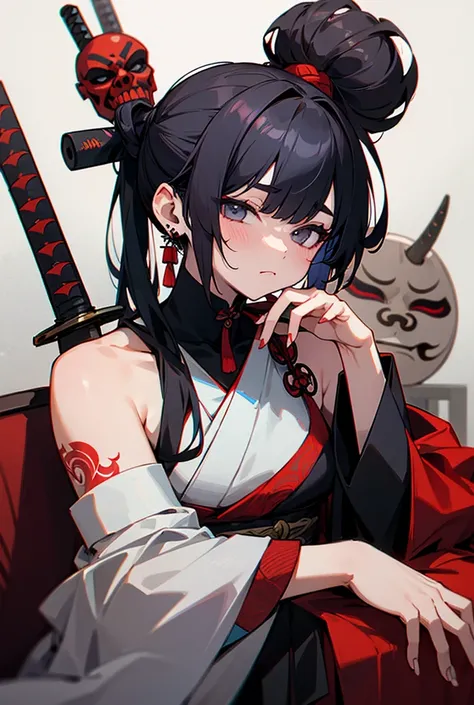 1girl, tattoo, solo, weapon, oni_mask, sword, black_hair, mask, arm_tattoo, jewelry, earrings, hand_tattoo, shoulder_tattoo, holding, katana, holding_mask, looking_at_viewer, sitting, mask_removed, closed_mouth, bare_shoulders, sheathed, japanese_clothes, ...