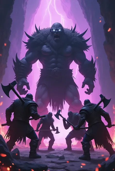 A violent fight of 4 ax-equipped dwarves against an Orc in the swirling purple flames, glowing white eyes piercing the smoke. The background is predominantly dark, highlighting the intensity of the fiery colors and the ominous presence of the figure, who i...