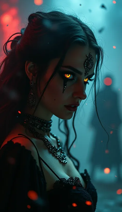 A realistic portrait of a beautiful yet frightening woman in a dark gothic atmosphere. Her silhouette is surrounded by swirling multicolored light particles, adding an ethereal and mystical aura. Her face features an evil grin, vivid yellow eyes, and shiny...