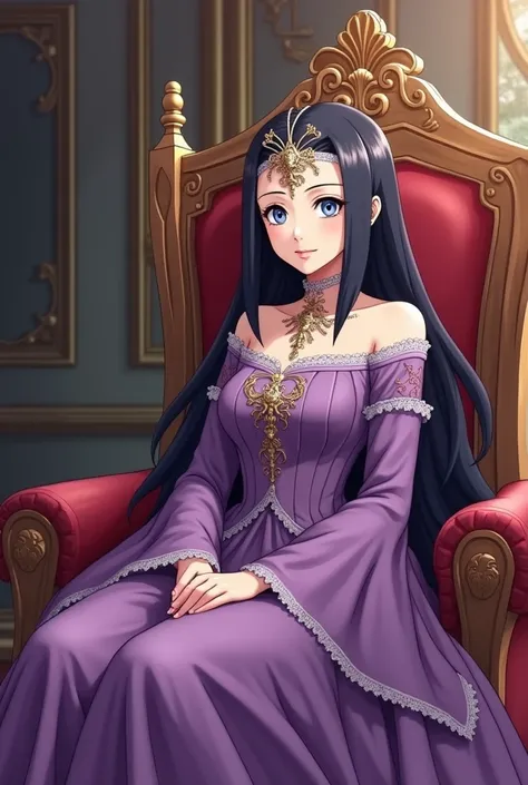 there is a drawing of a woman in a purple polite dress hinata hyuga, ((a beautiful fantasy empress royalty with Pale eyes, sleek black hair), anime princess sitting in royal chair, together with handsome charismatic man (naruto) with yellow hair, blue eyes...