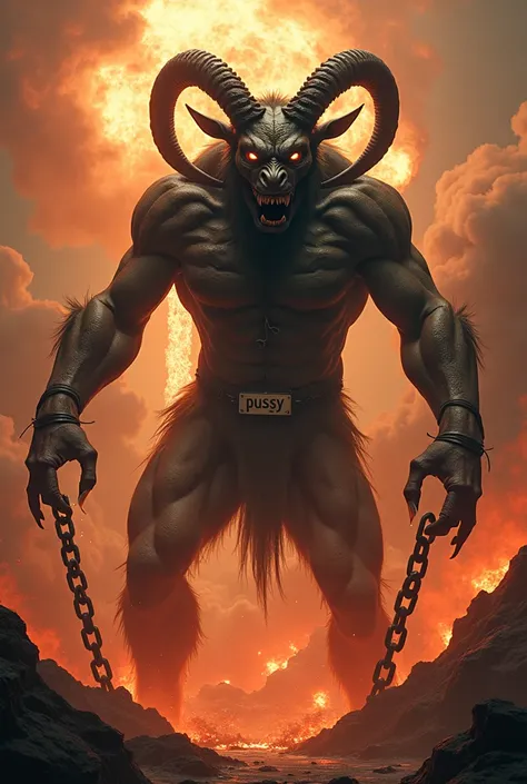 Giant Baphomet chained and angry and burning in the abyss with many nuclear explosions all around him. Baphomet has a metal label on his forehead that says PUSSY