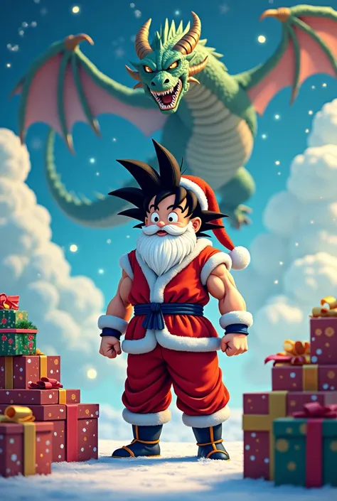 Son Goku as Santa Claus with gifts and Shen Long and the whole as a Christmas greeting