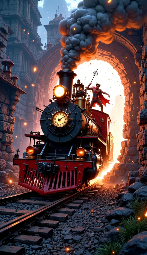 a steam train coming out of a portal. the train has a clock on its front. the portal it comes out from is magical and glows brightly. Also add one hero is dancing on top of the train with other background dancer in moving train.