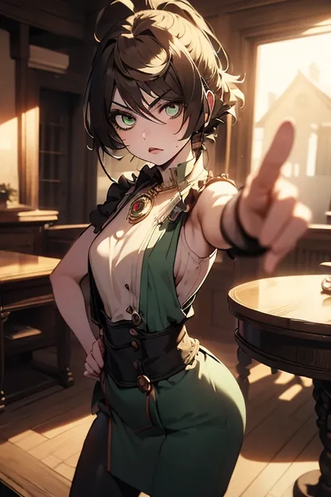 ((masterpiece)), ((best quality)), (ultra-detailed), ((extremely detailed)), 4K, (8K), best quality, (beautiful girl),(((sharp focus , depth of field, cinematic lighting , perfect anatomy))),(((aim at viewer))),cowboy shot,1 female ,medium hair,Light brown...