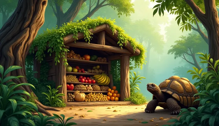 A jungle scene with tall trees, dense greenery, and a large wooden storehouse made of branches and leaves. The storehouse has neatly stacked fruits like bananas, apples, nuts, and seeds visible inside. Near the storehouse, the wise old tortoise with a larg...