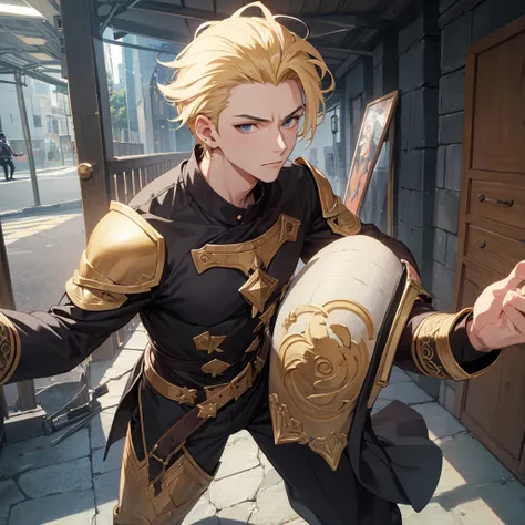 Anime attractive man, 20 year old, blonde hair, slicked back, tall, fit, solo, one person, black adventurer clothes, black tunic, masculine face, berserker clothes.