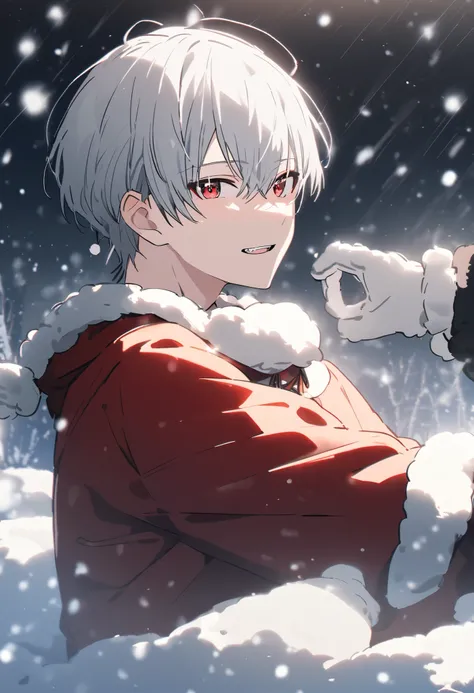  handsome, Alone, 1 male, Gray Hair,  red eyes,  Long Sleeve , Werewolf Cosplay, noon,  white light , cute目, Short Hairstyle , cute, snow background,winterの背景, sparkling scenery, bright , looking at camera,Making a peace sign,winter, Have double teeth, San...