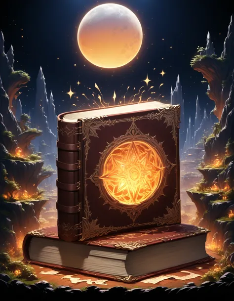 Detailed 8k light magic book with moon in the background