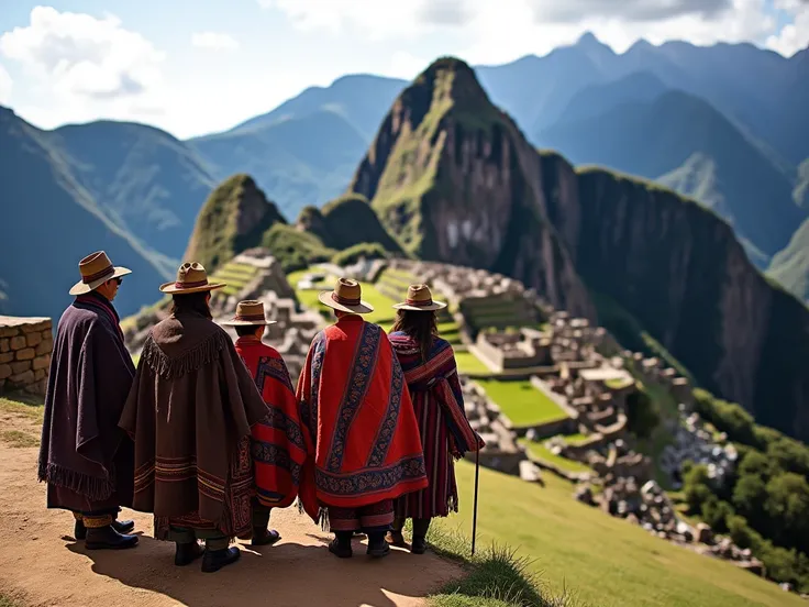  Create an image with people from Cusco wearing traditional costumes, some with pimps and ponchos,  native Quechua people accompanied by European immigrant tourists , both groups treating each other in a loving way ,  with Machu Pichu in the background .