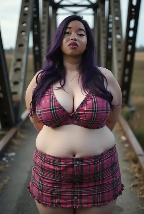 A bitch with a very fat bbw body (naked breasts) in the middle of a dilapidated bridge, ((GOTH GIRL PURPLE LIPS)). ((Pink Plaid Croptank)), Close up image,  hands behind back , wear a very short mini skirt,  both hands lying behind back. Visible bra lines 