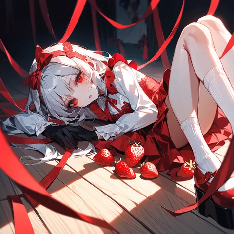 (걸작,   고해상도,   최상급), 홀로, 여성, 20세, red lace dress, black gloves, large red bow headband, lying on wooden floor, scattered red ribbons, wine glasses, white roses, strawberries, moody lighting, dramatic pose, vintage aesthetic, playful yet chaotic scene, plat...