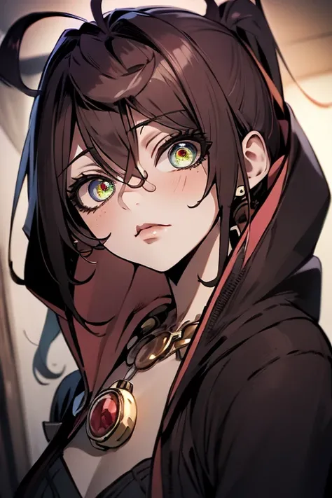 ((masterpiece)), ((best quality)), (ultra-detailed), ((kawaii)), cute, (lovely), anime style, dynamic angle, in the middle, focus on the face, night, moon, a cute girl, 1girl, solo, hood, beautiful black hair, beautiful red eyes, ((beautiful eyes)), earrin...