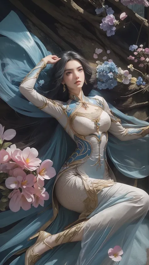 A beautiful woman with perfect curves wearing a long blue dress that gently flutters in the air,The beautiful woman was lie down in a sea of beautiful flowers surrounding her, Chinese traditional, her flexible body increasing with every movement, So enchan...