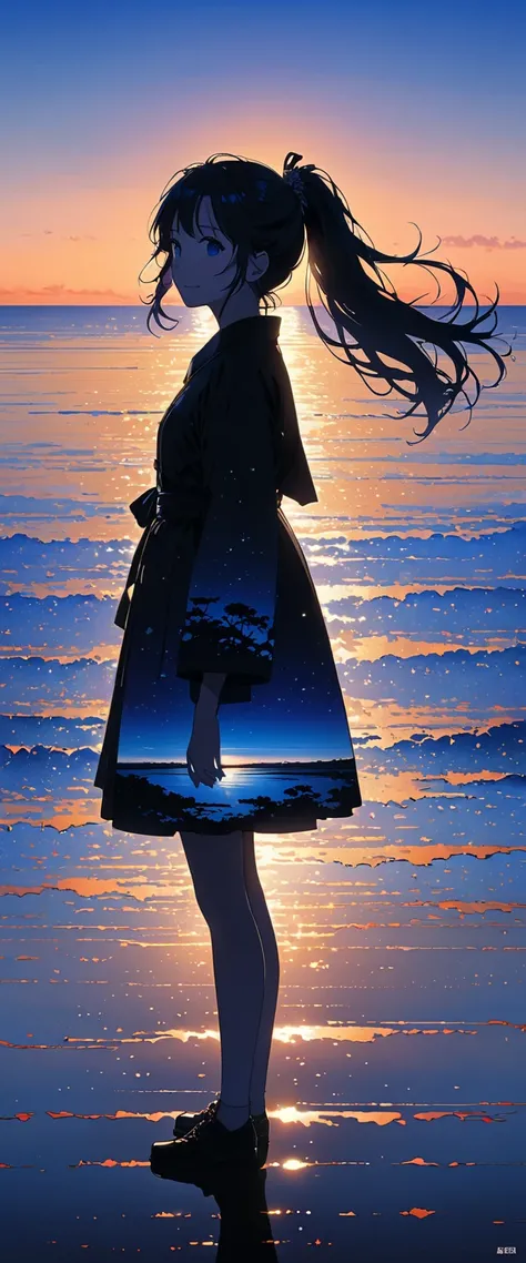 この画像teeth is、     depicts the silhouette of a girl standing against a beautiful sunset.。.    light      ,     horizon   、   dark black     ,  teeth、 . その人teeth、 この画像teeth 。,      As it approaches the horizon  、  ,    、  from    {x} deep electric blue as it...