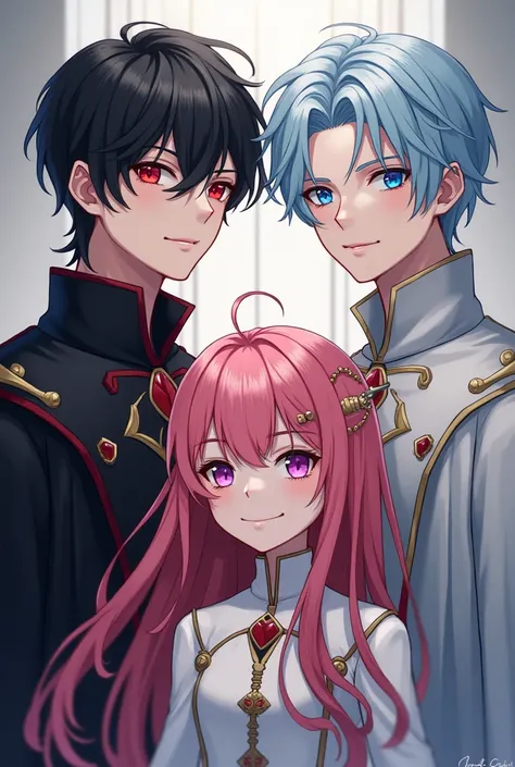 Make a picture of 2 handsome princes, one with red eyes and black hair wearing a black royal robe with a sharp and cold gaze, the other with blue eyes and light blue hair wearing a soft silver royal robe, then in the middle there is a picture of a girl wit...