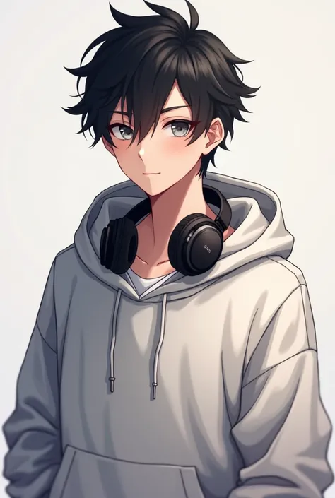 An anime teenager boy with handsome face wearing hoodie with headphone
