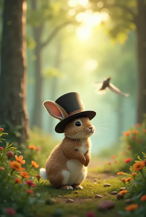  Title :  The Dreaming Rabbit and the Flying Hat

Scene 1 :  In the forest
Rabbit Toto  ,  walks around the forest jumping by itself .  Suddenly old ,  Finds a worn hat .  The hat looks quite ordinary , ama Toto  çok meraklanır.

Toto : " What is this hat ...