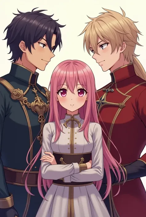 Draw a picture of two handsome princes, one with a sharp and cold gaze, the other gentle, and in the middle a woman with pink eyes and pink hair wearing modern clothes, not royal clothes that come from the future. (anime)