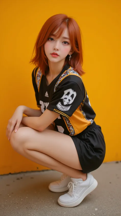 realistic,Beautiful Japanese woman,Long face,Sharp Eyes,Eye Makeup,Freckles,Thin lips,Clear skin,Permed red medium length hair,Straight bangs,Crouching,Jersey,sneakers,Earrings,Yellow Wall,