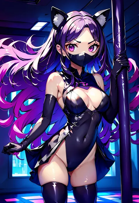 1girl, sexy body, posing for a picture, pole dance, pole dancing, neon color grading, soft focus, cyberpunk ninja, thigh high boots, a beautiful anime girl with long purple hair, wearing a black and purple catsuit, in the style of dark black and white, lig...