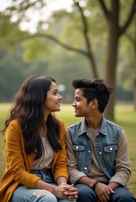 A beautiful blend of innocence in simplicity where a boy is looking lovingly at his gfs face. They both are sitting in a park and the boy is wearing stylish clothes with the name Akash written on it.
