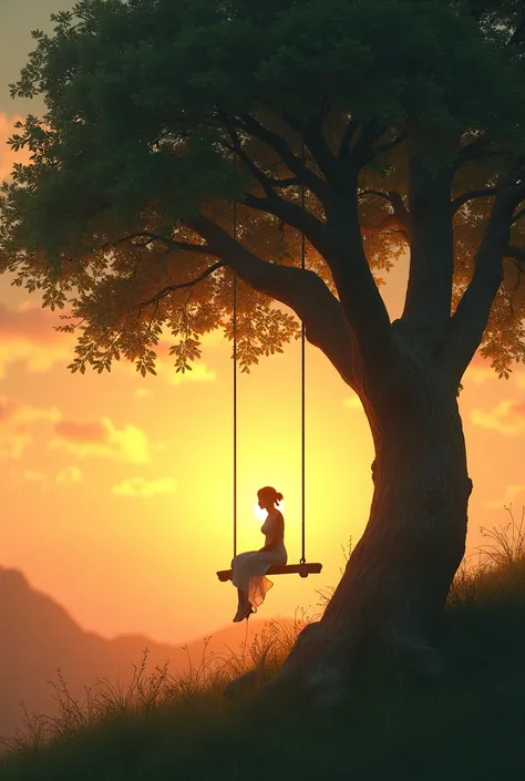 A tree with a swing and on top of the swing a  sitting on it, sunset