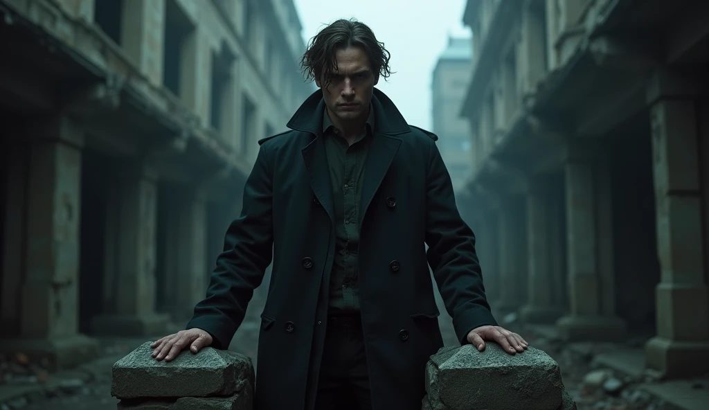 "Dark image of Cillian Murphy, standing in an abandoned city, with shadows casting over his face. His sharp features are accentuated by dim lighting, and his intense gaze pierces through the darkness. He wears a worn, dark coat, with his hands resting on a...