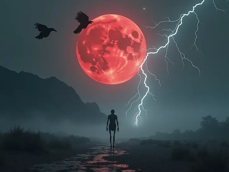 A blood-red moon casts an ominous glow over a foreboding, mystical landscape shrouded in an eerie mist, as white lightning bolts illuminate the darkened sky in a mesmerizing display of celestial fury. The air is heavy with an otherworldly energy, and a lon...