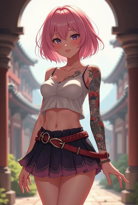  Anime Character, Medieval girl ,  light pink hair with open bangs ,  girl with Japanese-style tattoo on her left arm ,   defined waist with navel and mini skirt with belt 