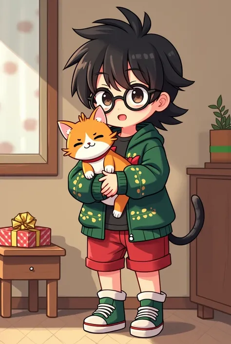 Anime,cartoon,chibi painting , teenage boy1 , Korean groundbreaking mullet shortshair ,Long-sleeved Christmas shirt ,Wear black round glasses, Sneakers, is holding a two-color British Schottcherta cat., with a gift box table next to it 