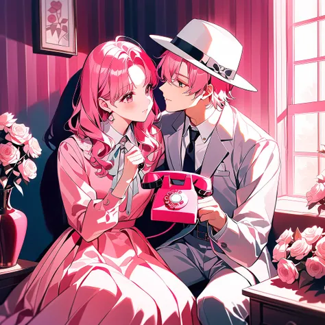 (걸작,   고해상도,   최상급),  20세, 1girl, 1boy, pastel pink aesthetic, retro couple theme, pink rotary phone, pink hair, white fedora, matching pink outfits, romantic vintage vibe, soft lighting, floral bouquet, gift box, pink wall background, dreamy atmosphere, p...