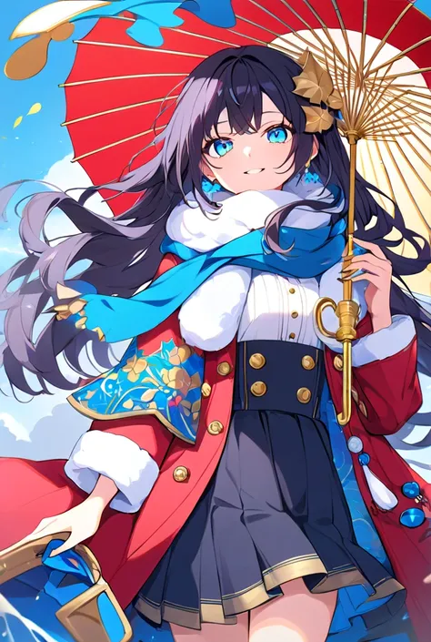 A vibrant and dynamic anime illustration featuring a cheerful young girl with expressive blue eyes and flowing dark hair, styled with playful accessories, including gold bows and small blue ornaments. She wears a festive red coat adorned with white fur tri...