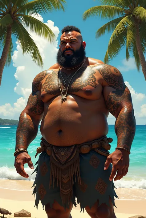 Beefy stocky Samoan man tattood bearded on the beach