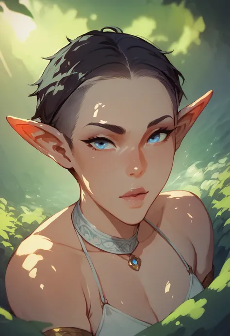 Humanoid creature, elf ears, blue eyes, black hair, forest on the background 