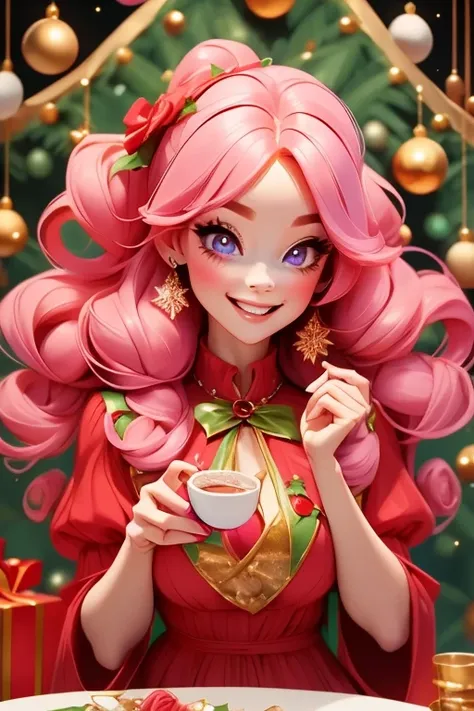 Perfect face. Perfect hands. A pink haired woman with violet eyes and an hourglass figure in a cute holiday dress is sipping cocoa with a big smile by a Christmas tree